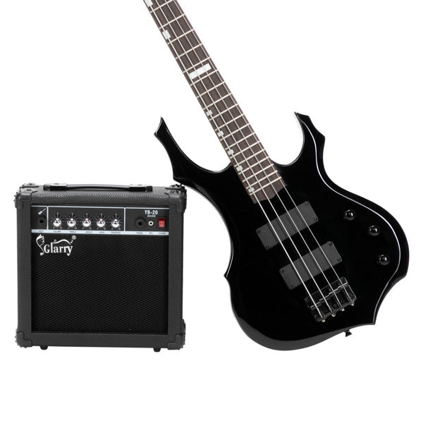 Full Size Glarry 4 String Burning Fire enclosed H-H Pickup Electric Bass Guitar with 20W Amplifier Bag Strap Connector Wrench Tool Black