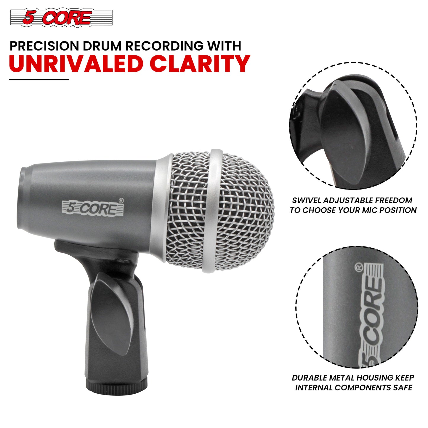 5 Core Conga Mic Snare Tom Cardioid Dynamic Microphone for Drummer Precision Instrument Sound Pickup - CONGO 2 GREY & CONGO 3 GREY