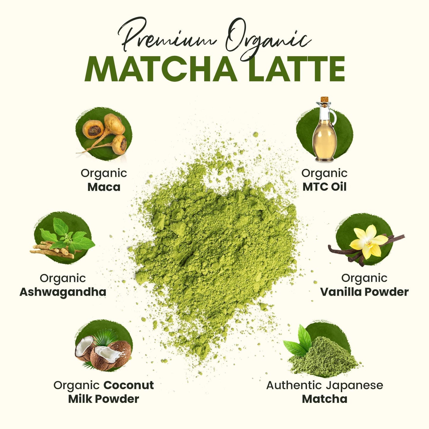 Organic Matcha Latte Pure Japanese Tea Blend with Ashwagandha and Maca Matcha Tea Powder with Natural Coconut Milk and Vanilla No Added Sugar 4.68 oz 45 Servings