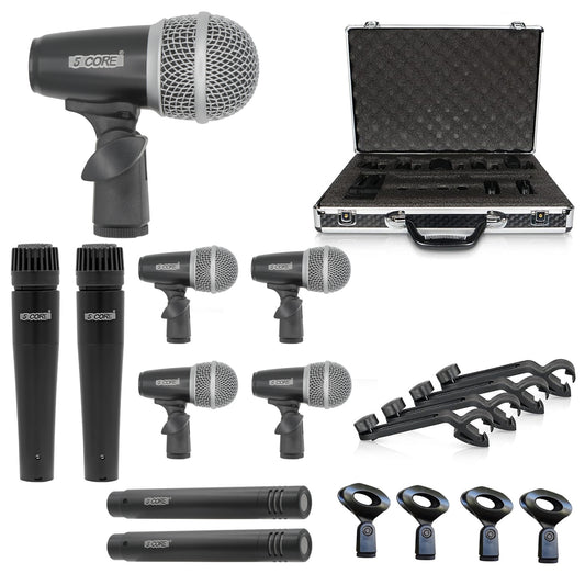 5 Core Drum Microphone Kit 9 Piece Full Metal Dynamic Wired Drums Mic Set for Drummers w Kick Bass Tom Snare + Carrying Silver Case Sponge Thread Holder for Vocal & Other Instrument - DM 9RND