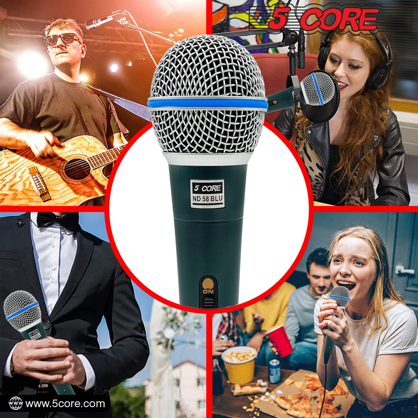 5 Core Professional Dynamic Vocal Microphone Neodymium Cardioid Unidirectional Handheld Mic for Speakers Karaoke W/Steel Mesh Grille Metal Body ON/Off Switch 16ft Detachable Cable+ Clip+Bag- ND58 BLU