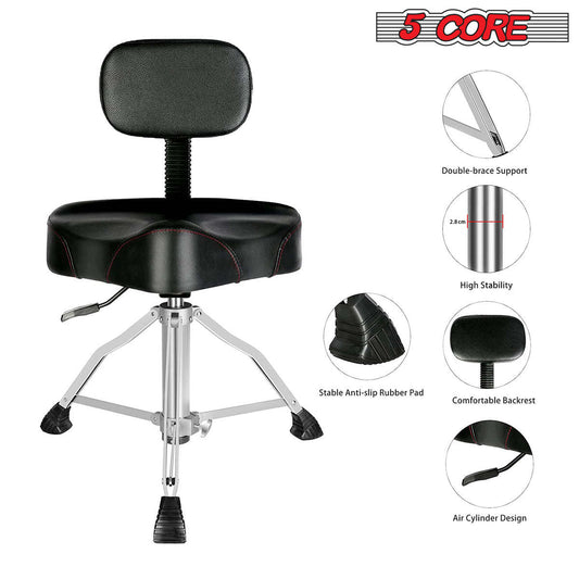 5 Core Drum Throne with Backrest Black Thick Padded Saddle Drum Seat Comfortable Motorcycle Style Drum Chair Stool Air Adjustable Double Braced Tripod Legs for Drummers - DS CH BLK Rest LVR