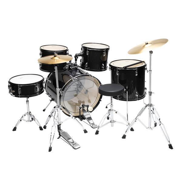 Glarry Full Size Adult Drum Set 5-Piece Black with Bass Drum, two Tom Drum, Snare Drum, Floor Tom, 16" Ride Cymbal, 14" Hi-hat Cymbals, Stool, Drum Pedal, Sticks