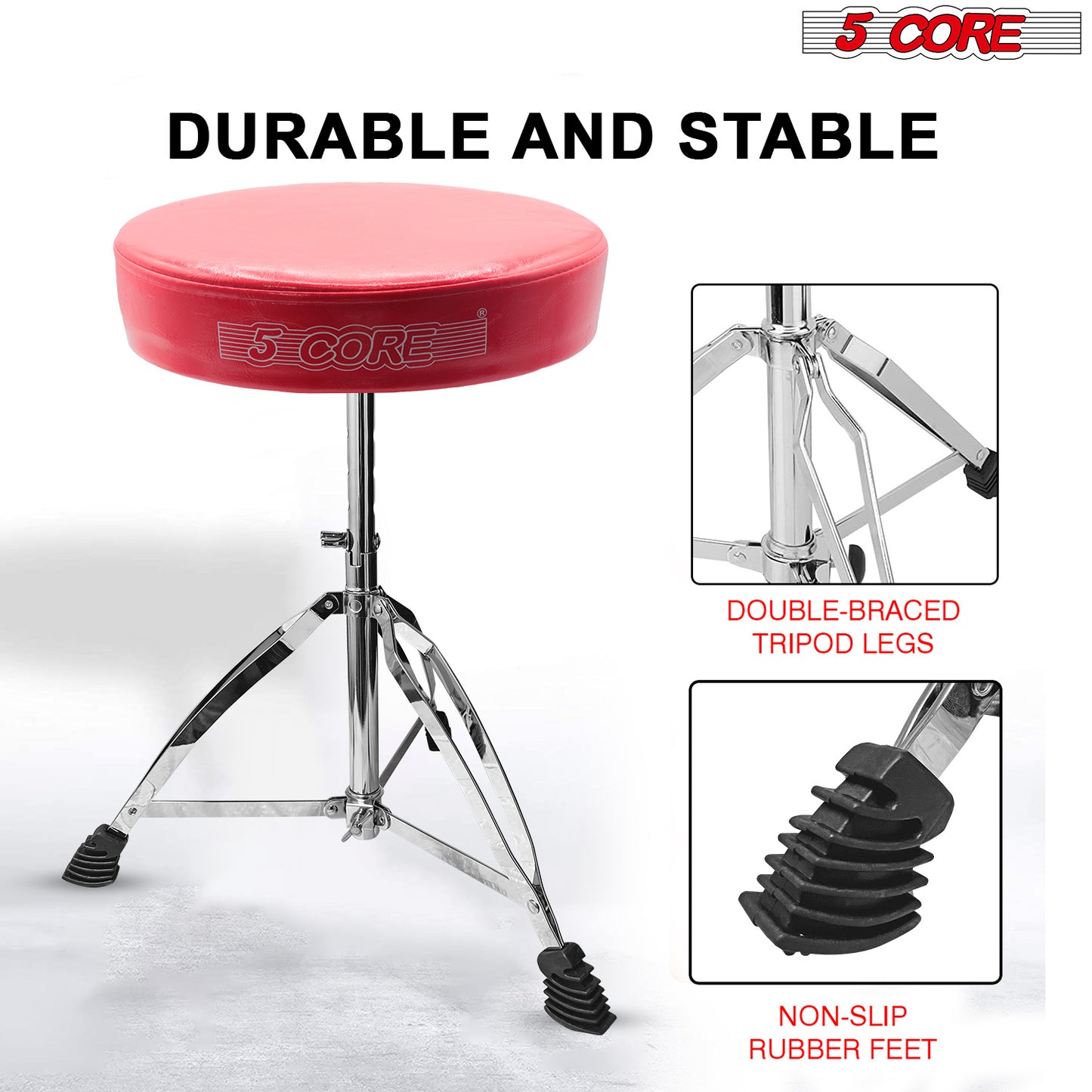 5 CORE Drum Throne Height Adjustable Guitar Stool Thick Padded Memory Foam DJ Chair Seat with Anti Slip Feet Multipurpose Musician Chair for Adults and Kids Drummer Cello Guitar Player - DS CH RED