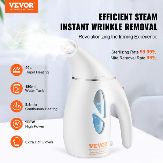 VEVOR Portable Handheld Fabric Steamer, 900W Quick Heat Steamer for Clothes, Wrinkle Remover Clothing Iron Intelligent Controller & Auto-Off & Large Detachable Water Tank, With Gloves