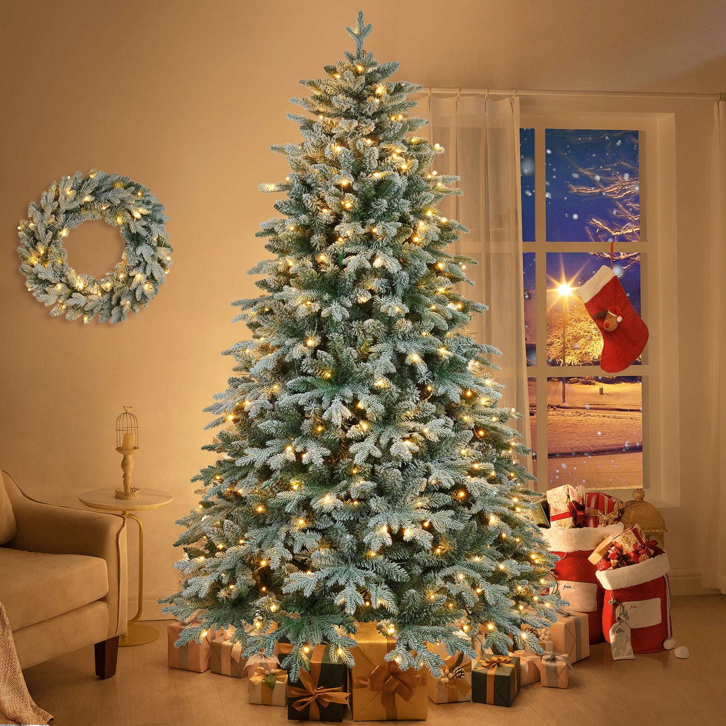 7ft Lighted Artificial Christmas Tree with Wreath Set of 2, Christmas Tree