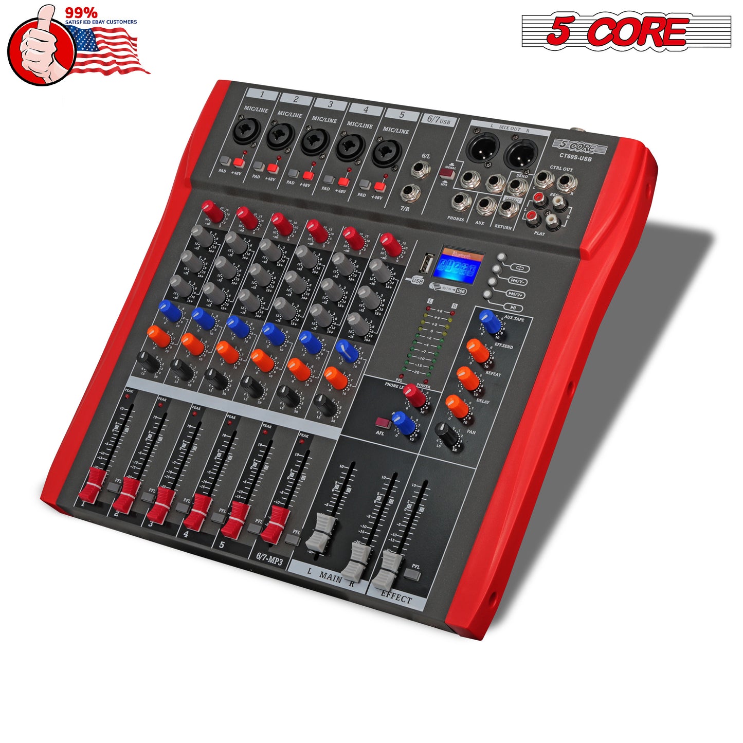 5 Core Audio Mixer DJ Equipment Digital Sound Board Karaoke XLR Mixers Professional 6 Channel Bluetooth USB w Effects for Recording Music Studio PC Podcast Instruments Consola De Sonido - MX 6CH