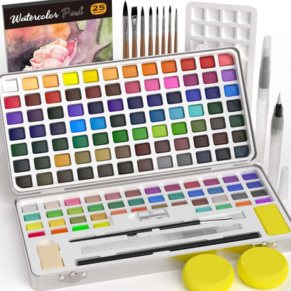 Nicpro 128 Colors Watercolor Paint Set include Metallic Macaron & Fluorescent, 8 Squirrel Painting Brushes, 25 Water Color Paper, Palette, Art Supplies Kit for Artist, Adult, Kid, Beginner