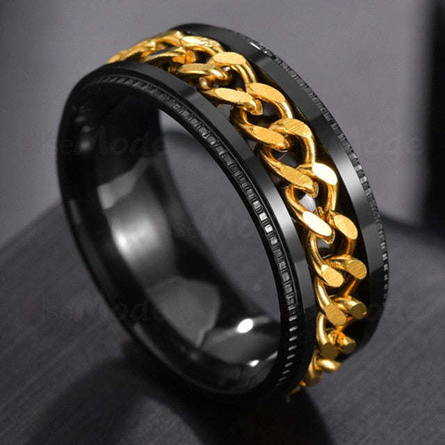 Mens Stainless Steel Rotatable Chain Style Black Ring