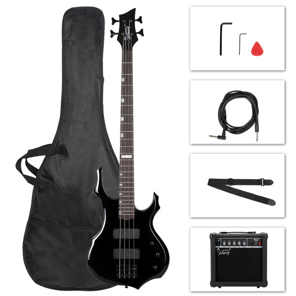 Full Size Glarry 4 String Burning Fire enclosed H-H Pickup Electric Bass Guitar with 20W Amplifier Bag Strap Connector Wrench Tool Black