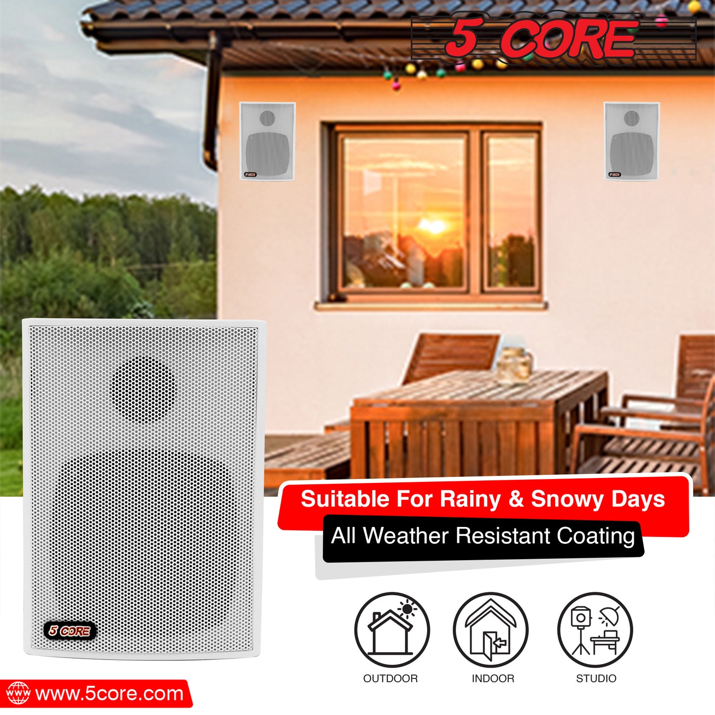 5 Core 4 Inch Outdoor Indoor Speaker 2 Way Pair 20W 8Ω High Performance Powerful Bass with Effortless Wall Mounting Swivel, All Weather Resistance, Stereo Sound for Garage Home White 13T WHT 2PCS