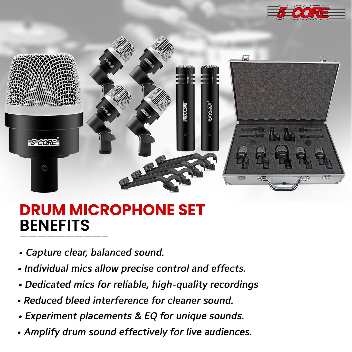 5 Core Drum Microphone Kit 7 Piece Full Metal Dynamic Wired Drums Mic Set for Drummers w Bass Tom Snare + Carrying Case Sponge & Mic Clamp for Vocal & Other Instrument Silver DM 7ACC