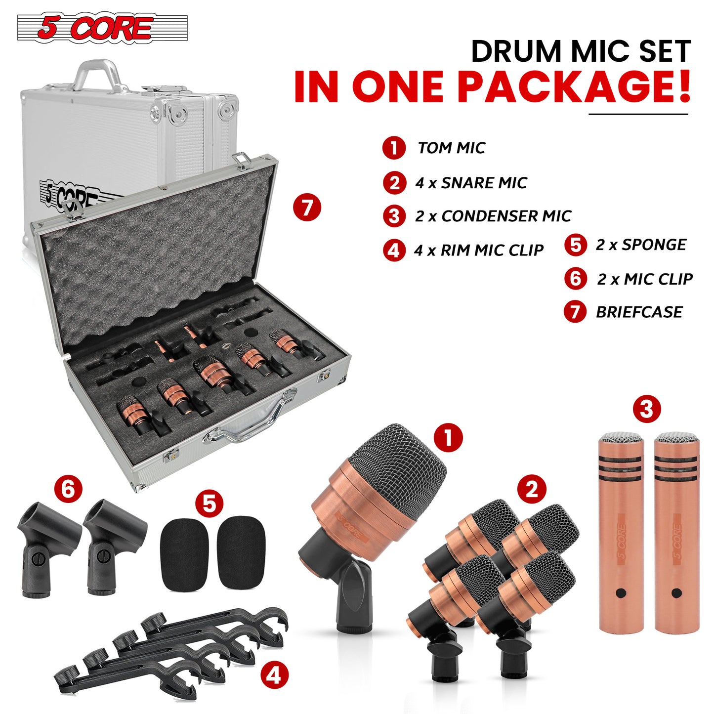 5 Core Drum Microphone Kit Copper Finish 3 Pieces Drumming Mics Full Metal Wired Dynamic Instrument Mic Set for Bass Tom Snare Cymbals - DM 7XP COPPEREX