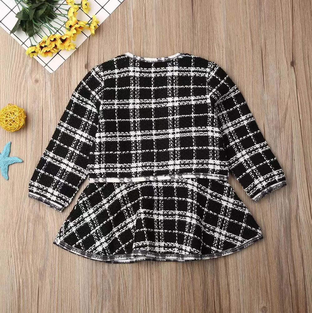 Baby Girl Contrast Design Long Sleeved Dress Combo Plaid Pattern Coat Chanel's Sets