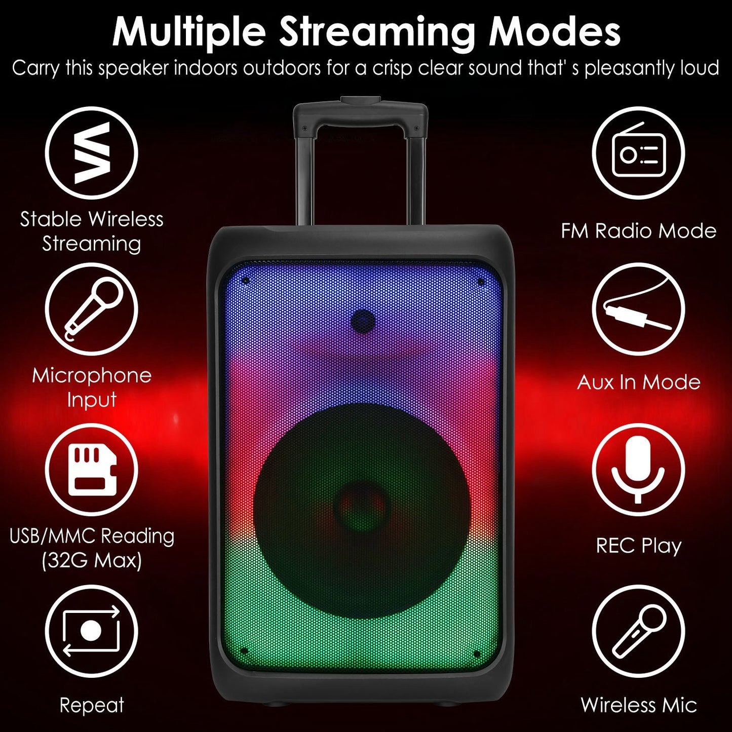 Portable Wireless Party Speaker Party Speaker with with 5 Colorful Lighting Modes TWS FM USB MMC Slot Aux In Recording Mic Priority Trolley Handle 2 Wheels Remote Control