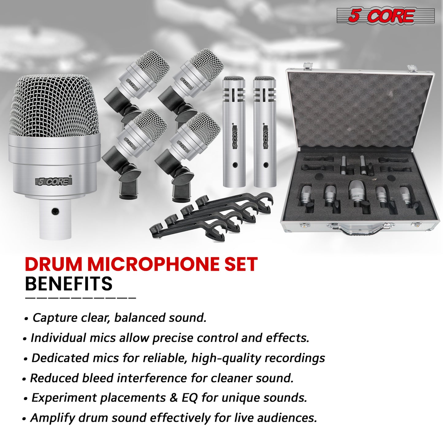 5 Core Drum Microphone Kit 7 Piece Full Metal Dynamic Wired Drums Mic Set for Drummers w Bass Tom Snare + Carrying Case Sponge & Mic Clamp for Vocal & Other Instrument Silver DM 7ACC