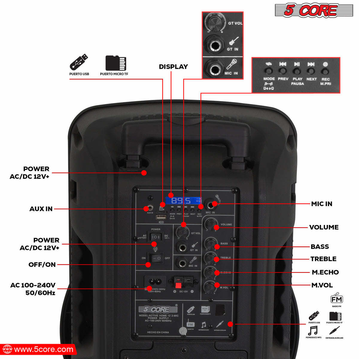 5 Core Party Speaker Portable PA System 2 Wireless Microphone Bluetooth Loud Big Subwoofer Active Powered DJ Karaoke Machine for Studio Indoor Outdoor Use Include Stand - ACTIVE HOME 15 2-MIC