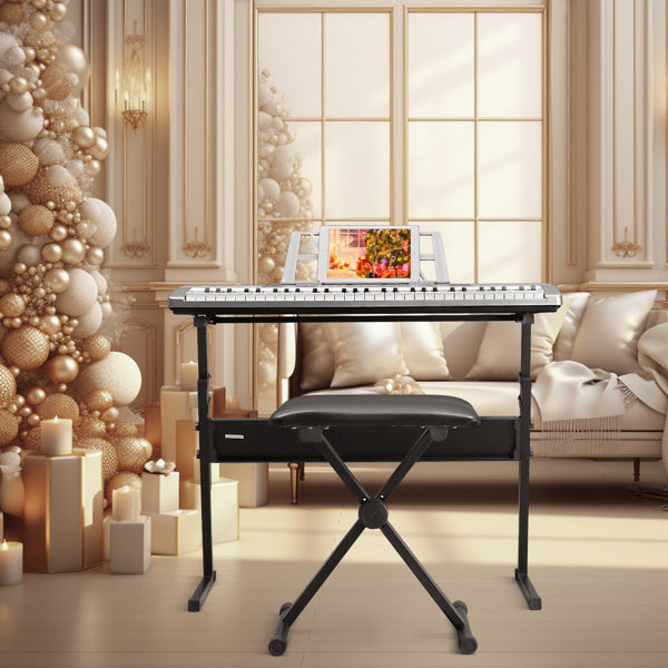 GEP-110 61 Key Lighting Keyboard with Piano Stand, Piano Bench, Built In Speakers, Headphone, Microphone, Music Rest, LED Screen, 3 Teaching Modes for Beginners