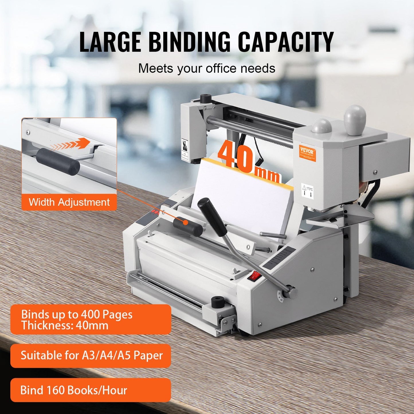 VEVOR Thermal Binding Machine, 400 Sheets Capacity Hot Glue Binding Machine, Thermal Book Binder 50mm Binding Thickness A3(Short Edge)/A4/A5 Document with Milling Cutter