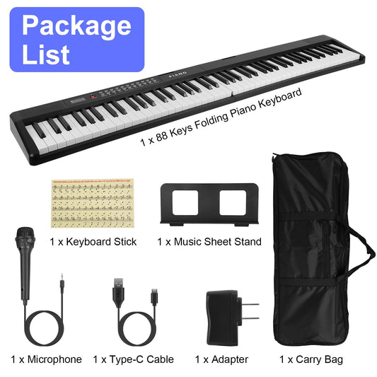 Folding Piano Keyboard 88 Keys Foldable Full Size Semi Weighted Piano Digital Electronic Piano with LCD Screen Carry Bag Mic Sheet Music Stand Sticker for Beginners Kids