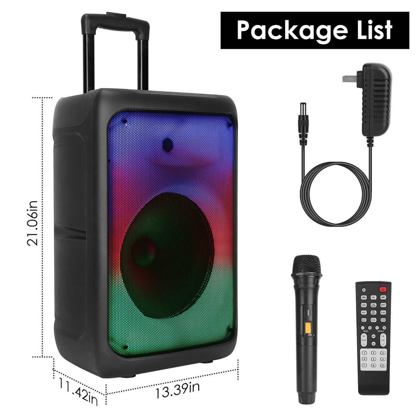 Portable Wireless Party Speaker Party Speaker with with 5 Colorful Lighting Modes TWS FM USB MMC Slot Aux In Recording Mic Priority Trolley Handle 2 Wheels Remote Control