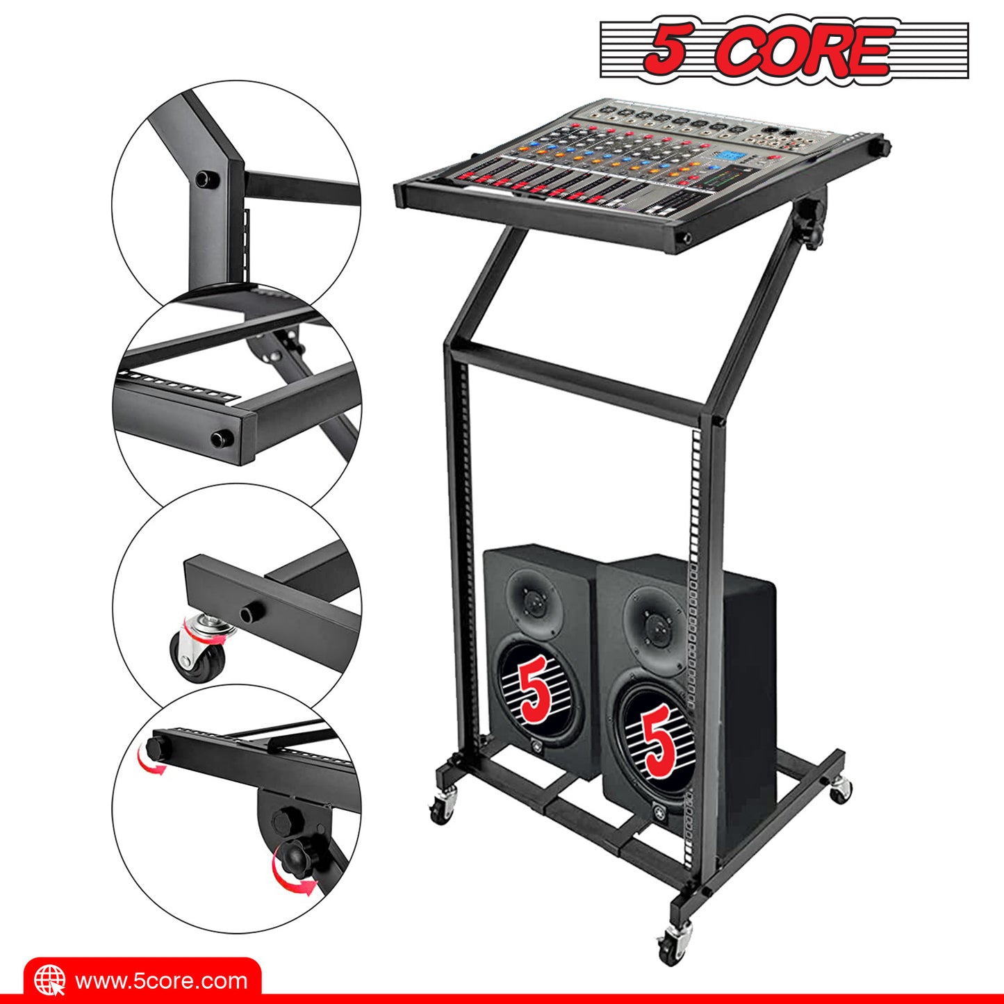 5 Core 16U Professional Rack Mount Stand DJ Mixer Case Studio Equipment Adjustable Stage Cart with Wheels Music Party Show Black RACK STAND 16U