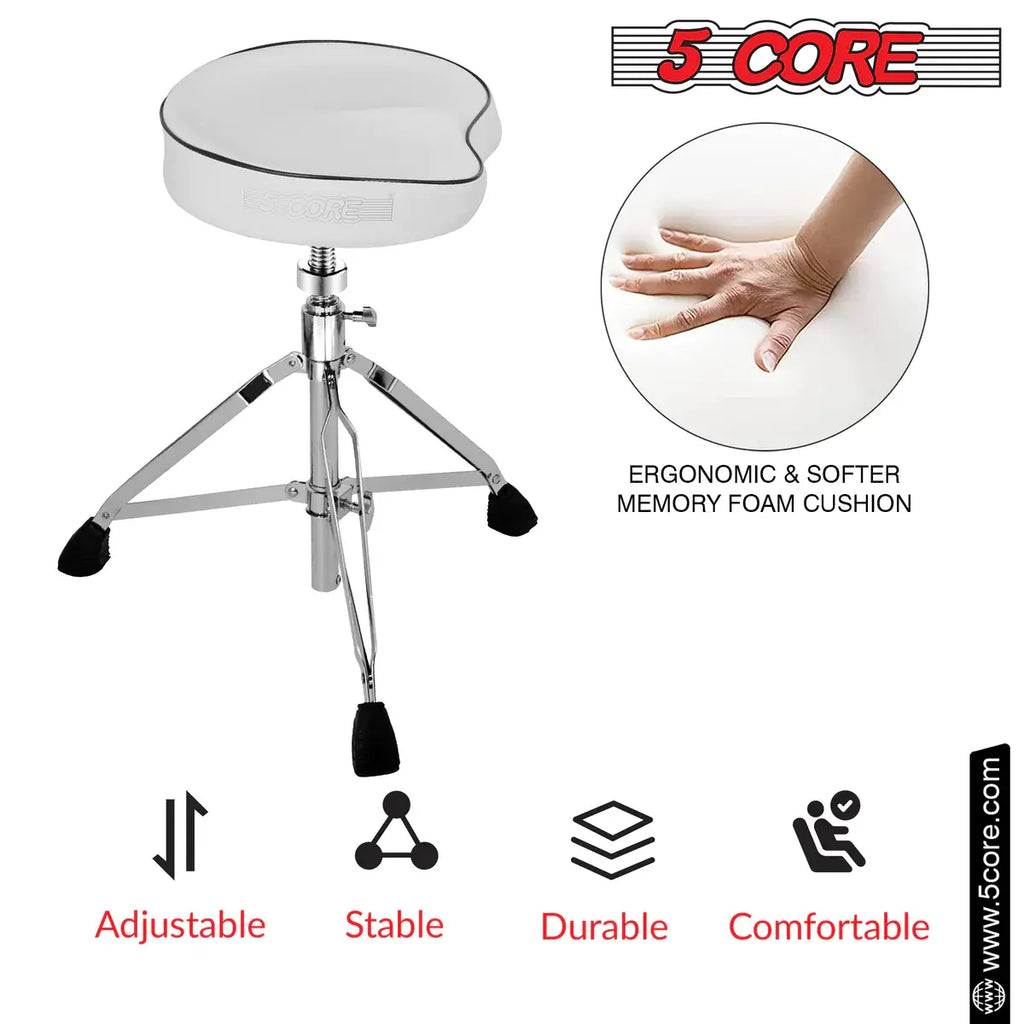 5 Core Drum Throne Saddle White Heavy Duty Height Adjustable Padded Comfortable Drum Stool Seat Chair Style with Double Braced Anti-Slip Feet & Two Drumsticks for Adults Drummers - DS CH WH SDL HD