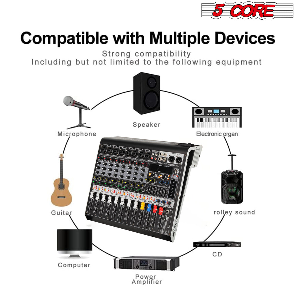 5 Core Audio Mixer 8 Channel DJ Controller Professional Sound Board Bluetooth USB 48V - MX 8 CH L