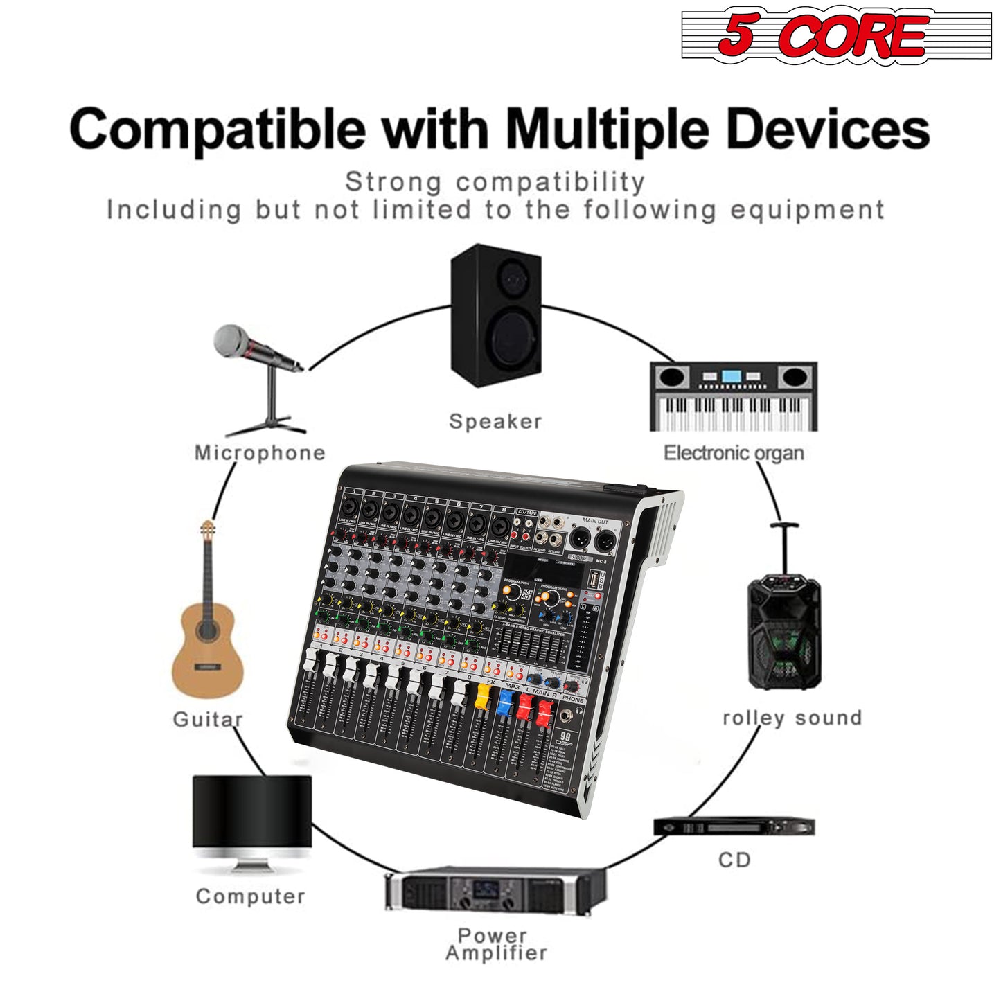 5 Core Audio Mixer 8 Channel DJ Controller Professional Sound Board Bluetooth USB 48V - MX 8 CH L