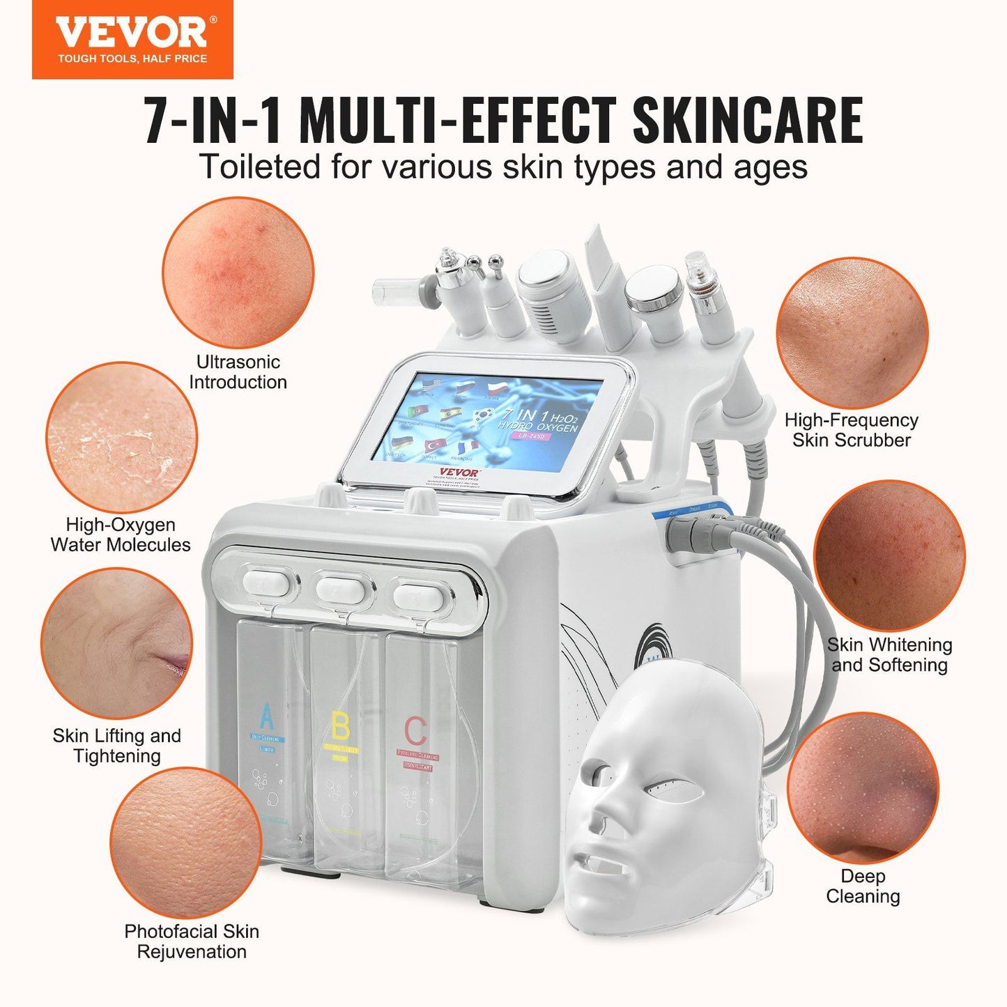 VEVOR 7 in 1 Hydrogen Oxygen Facial Machine, Professional Hydrafacial Machine for Spa, Hydro Facial Cleansing Rejuvenation Machine