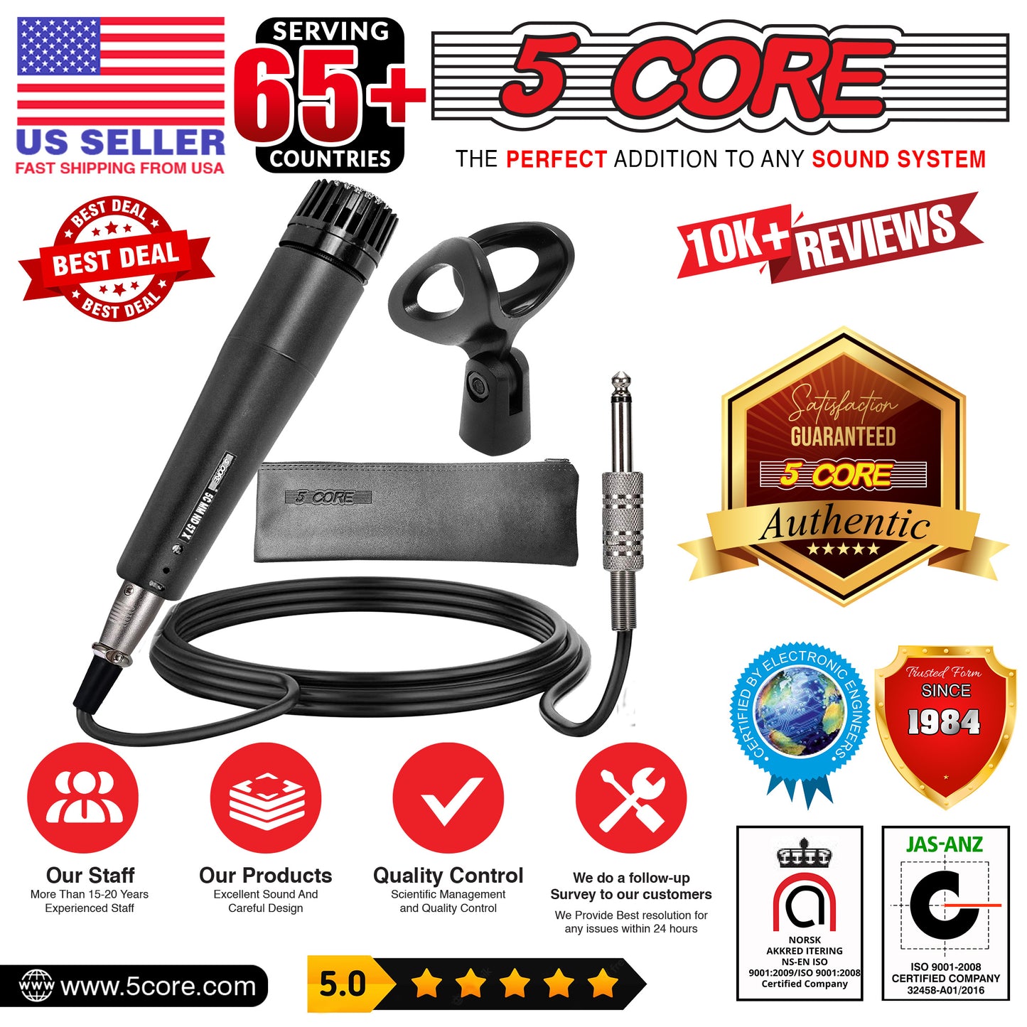 5 CORE Dynamic Instrument Mic - Premium Quality and Versatile Mic for Live Performances, On Stage and Studio Recording - Durable Metal Mic- Cable, Mic Holder and Bag Included- ND-57X