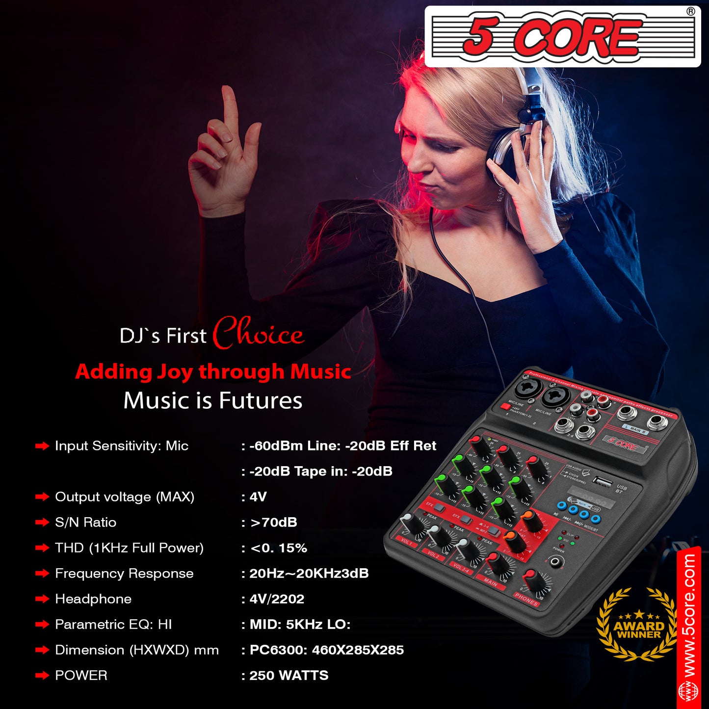 5 Core Audio Mixer Dj Mixer 4 Channel Sound Board w Built-in Effects & Usb Interface Bluetooth Karaoke Podcast Music Mixer MX 4CH