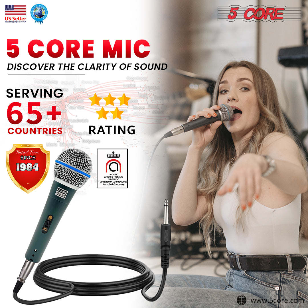 5 Core Professional Dynamic Vocal Microphone Neodymium Cardioid Unidirectional Handheld Mic for Speakers Karaoke W/Steel Mesh Grille Metal Body ON/Off Switch 16ft Detachable Cable+ Clip+Bag- ND58 BLU