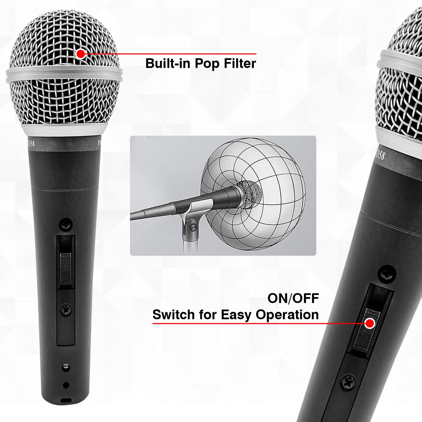 5 Core Premium Vocal Dynamic Cardioid Handheld Microphone Neodymium Magnet Unidirectional Mic; 16ft Detachable XLR Deluxe Cable to ? Audio Jack; Mic Clip; On/Off Switch for Karaoke Singing ND-58