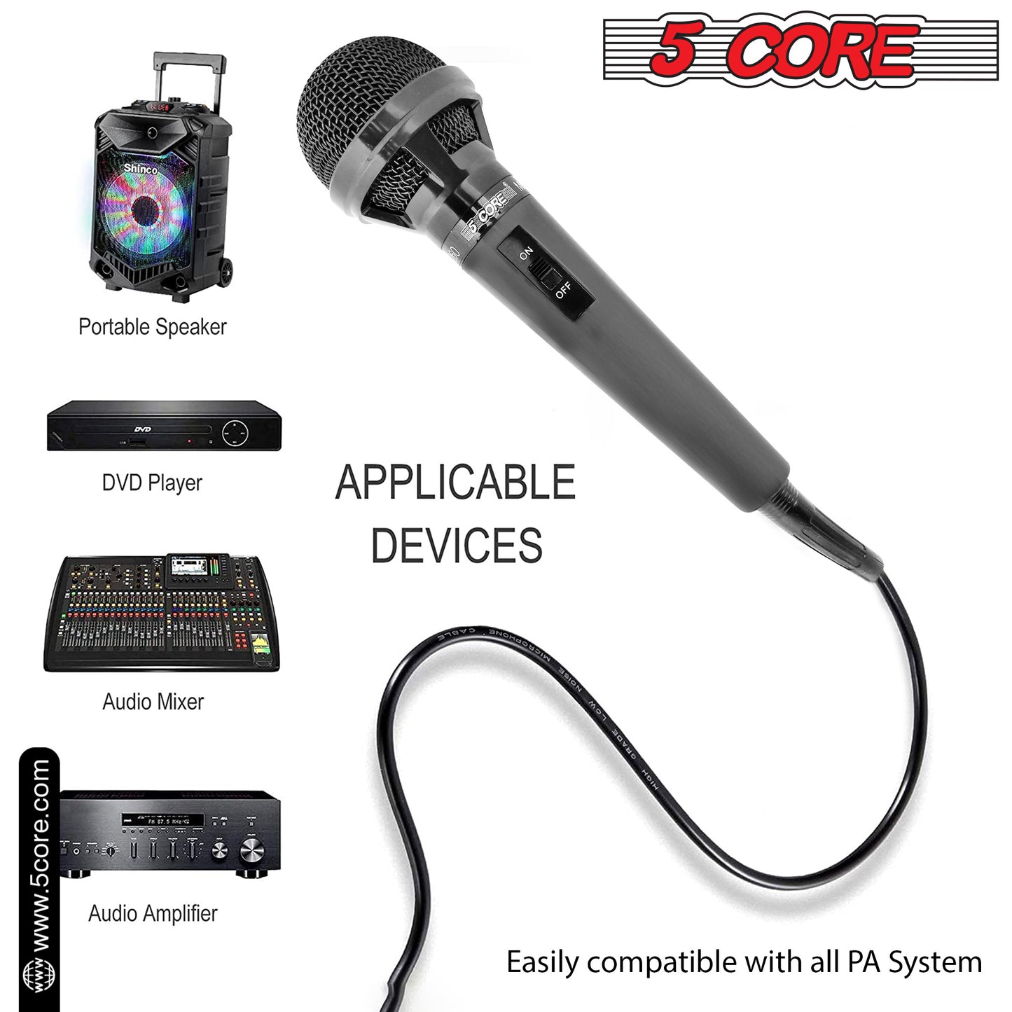 5 CORE Premium Vocal Dynamic Cardioid Handheld Microphone Neodymium Magnet Unidirectional Mic with 12ft XLR Deluxe Cable to ¼ Audio Jack, and On/Off Switch for Karaoke Singing (MIC 260)