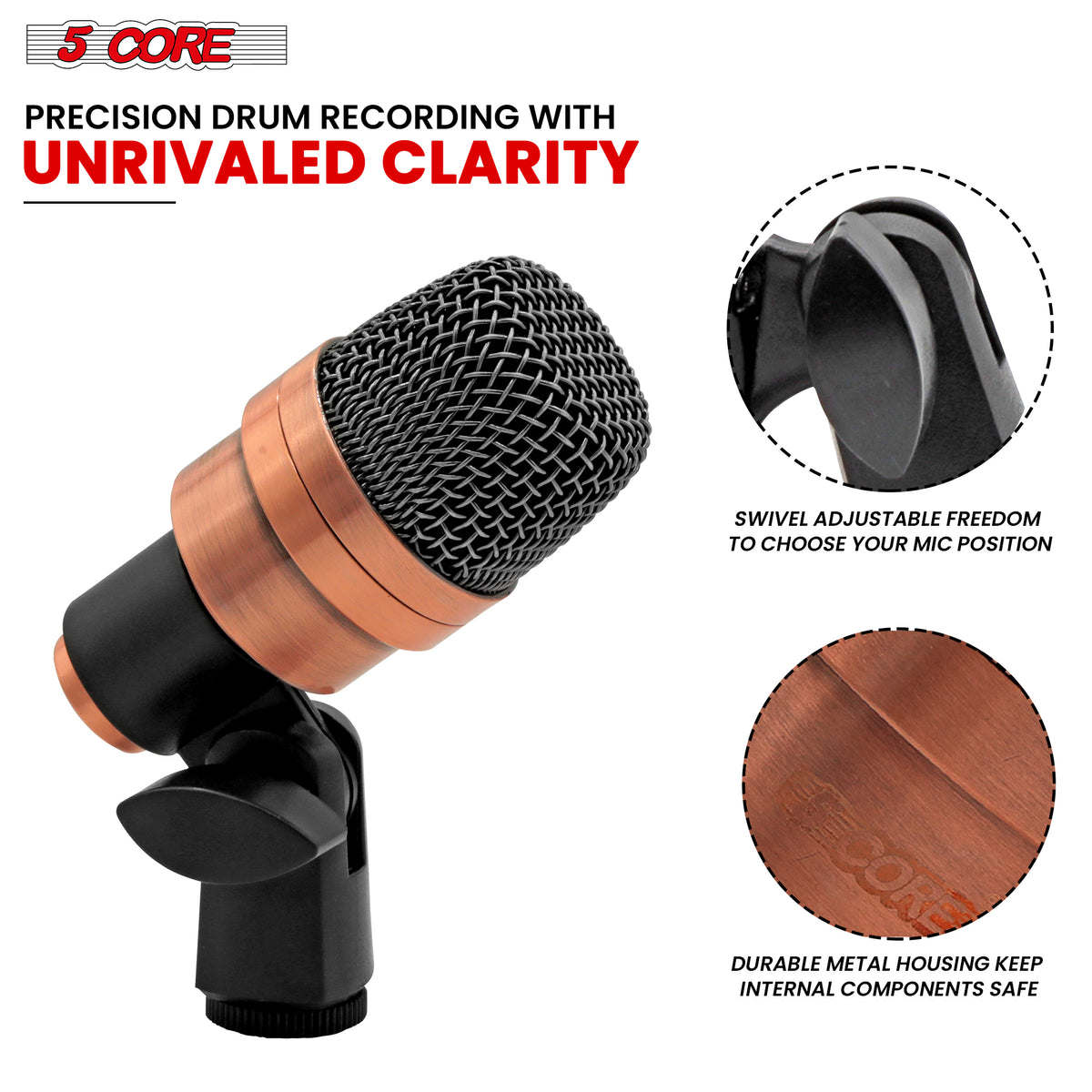 Tabla Mic High Sensitivity Snare Tom Instrument Microphone with Dynamic Moving Coil Uni-Directional Pick Up Pattern Swivel Mount Durable Steel Mesh Grille - 5 Core TABLA MIC 2XP COPPEREX