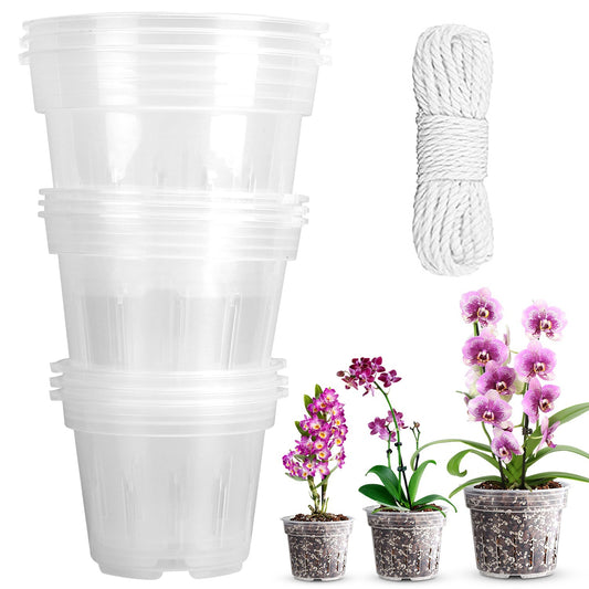 9Pcs Orchid Pots Clear Reusable Plastic Flower Plant Nursery Planter Seed Starter Pots with Drainage Holes with 32.8FT Rope