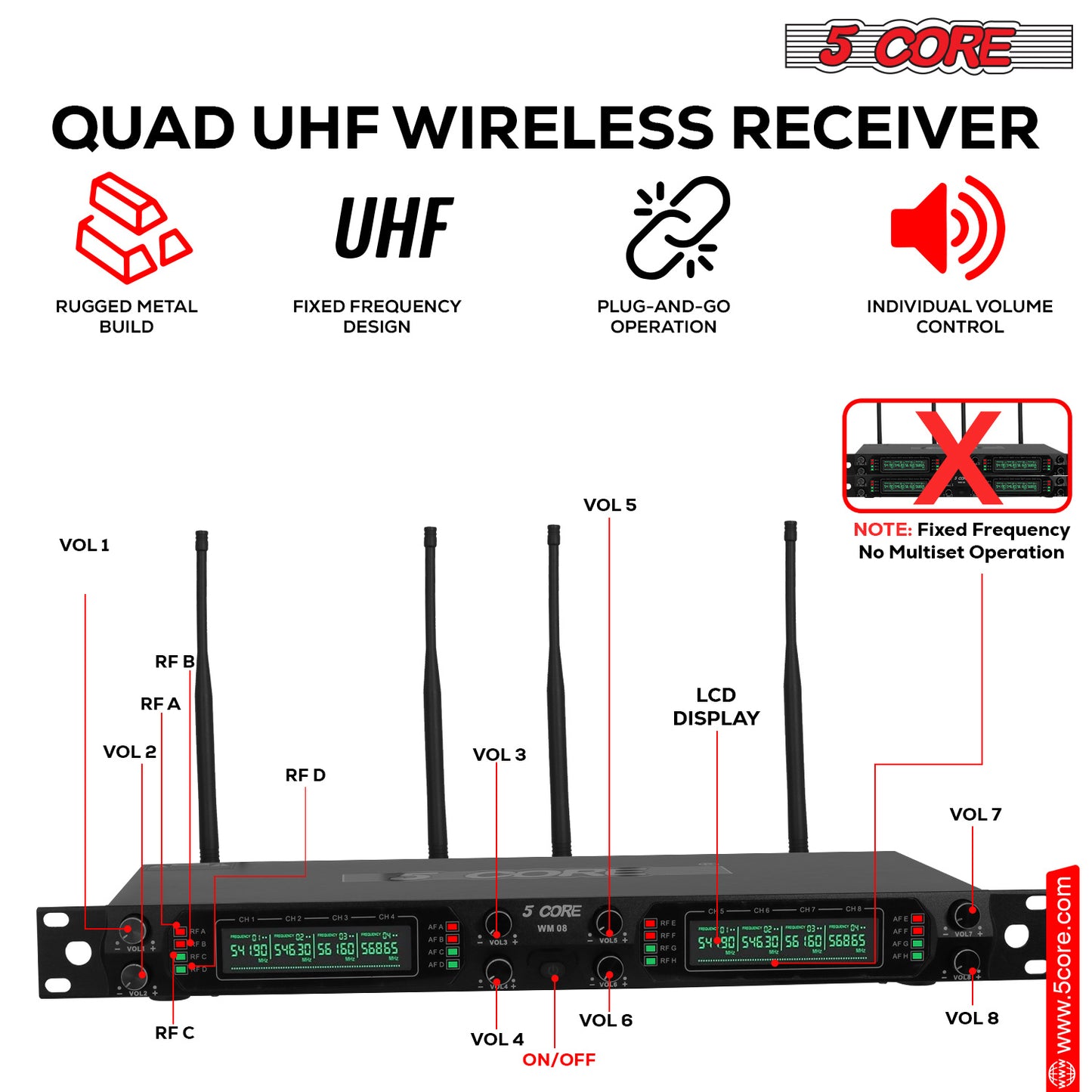 5 Core Wireless Microphones 8 Channel Dynamic Karaoke Professional UHF Singing Mic System Handheld Cordless Microfonos Inalambricos for Singer DJ Church - WM UHF HM