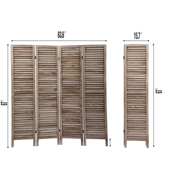 4-Panel Wood Room Divider Louver Partition Screen, 5.6 Ft. Tall Folding Privacy Screen for Home Office, Bedroom, Rustic Brown XH