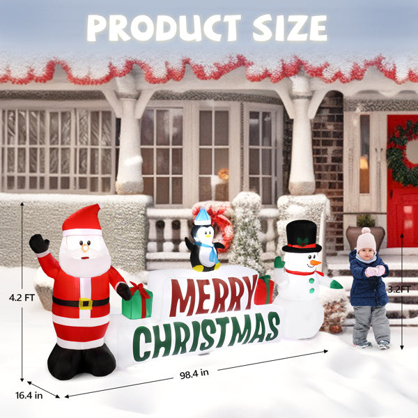 9.8 FT Lighted Christmas Inflatable Decoration, Inflatable Santa Claus and Snowman Holding Merry Christmas Sign, Funny Blow Up Yard Decorations with Built-in LED Lights for Holiday Party Front Yard