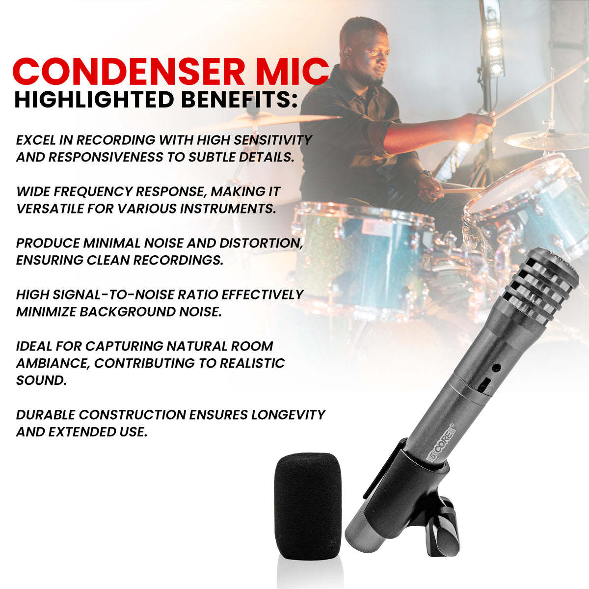 5 Core Instrument Microphone Cardioid Uni Directional Pickup • for Live Performances and Recording - INSTRU MIC 100 GREY