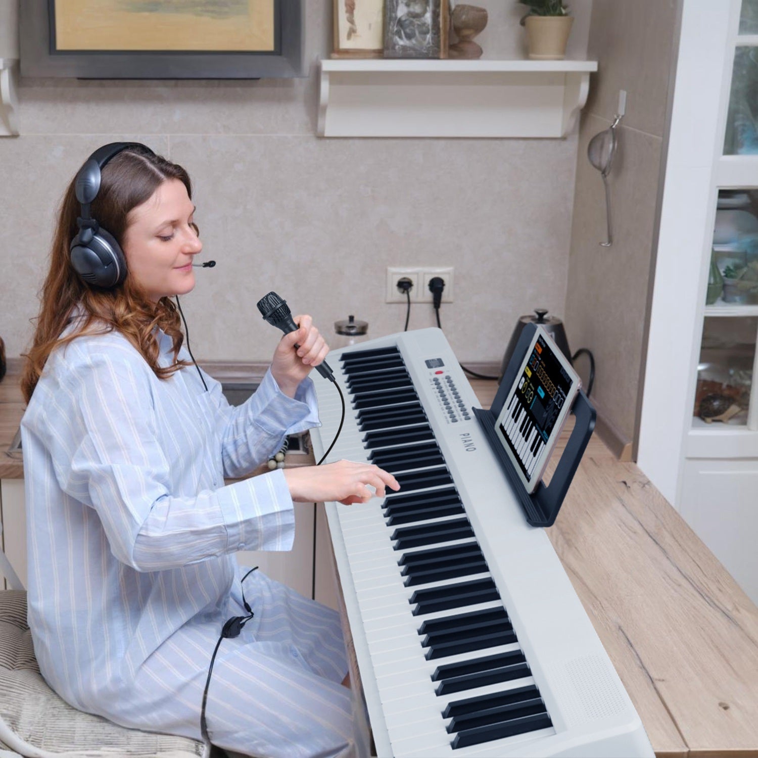 Folding Piano Keyboard 88 Keys Foldable Full Size Semi Weighted Piano Digital Electronic Piano with LCD Screen Carry Bag Mic Sheet Music Stand Sticker for Beginners Kids