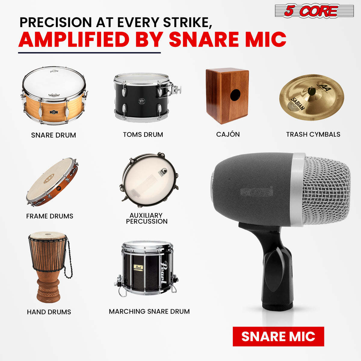 Snare Microphone 1Piece Wired Cardioid Bass Drum Mic Kit High SPL Instrument Microfono w XLR Connection- 5 Core Snare XP