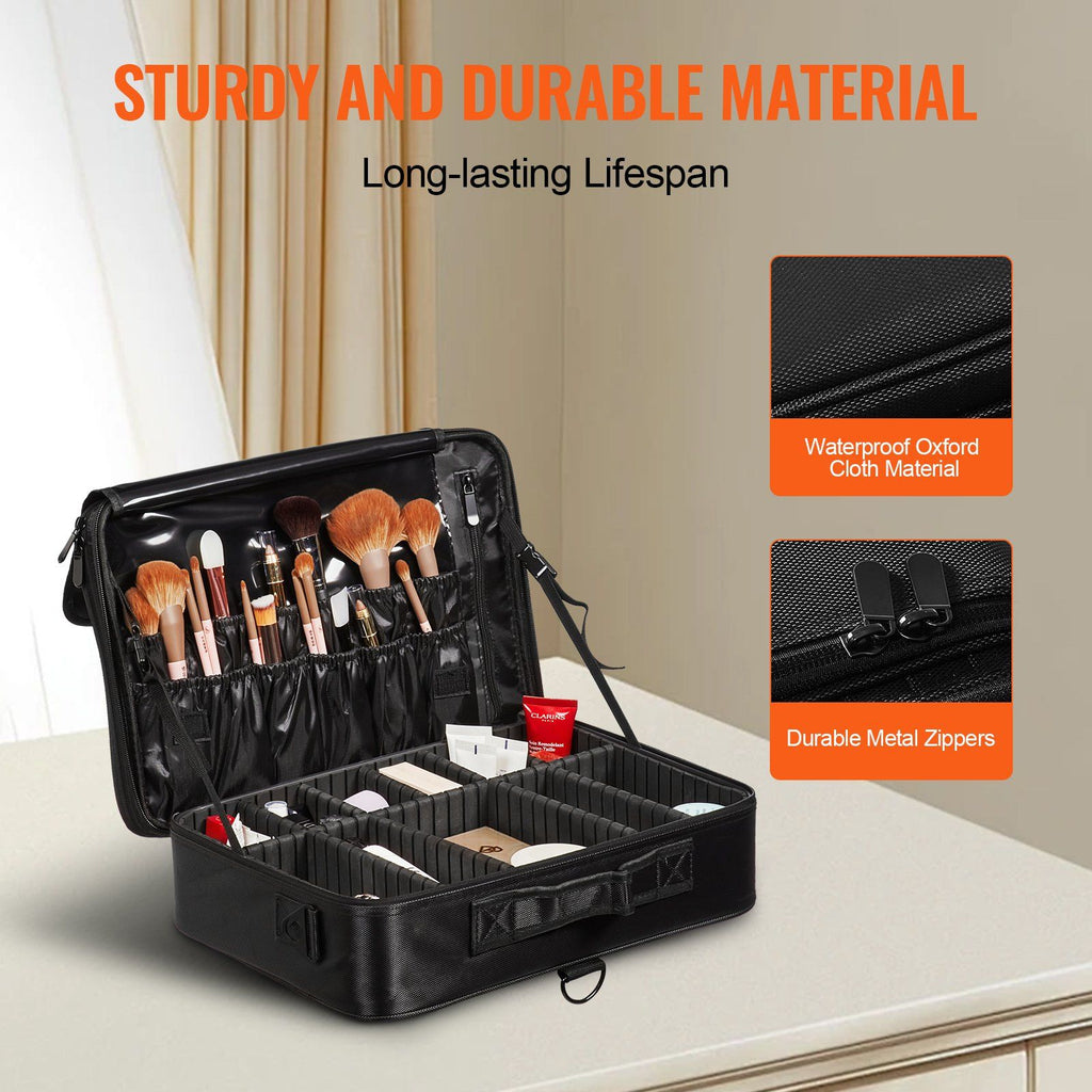 VEVOR Makeup Train Case Large Storage 3 Tiers, Convenient Carry with Handle, Strap, Professional Waterproof