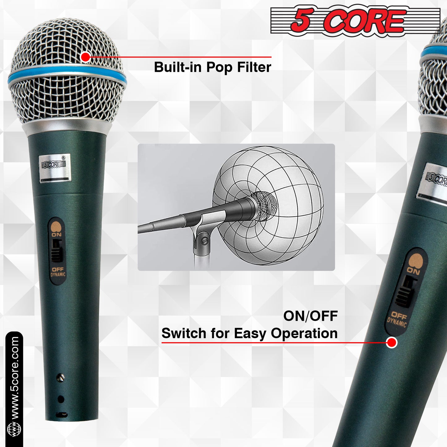 5 Core Premium Handheld Microphone Unidirectional Vocal Dynamic Cardioid Mic with Detachable 10ft XLR Cable Mic Clip Mesh Grille & ON/Off Switch Suited for Speakers Amp Mixers Karaoke Singing- BETA