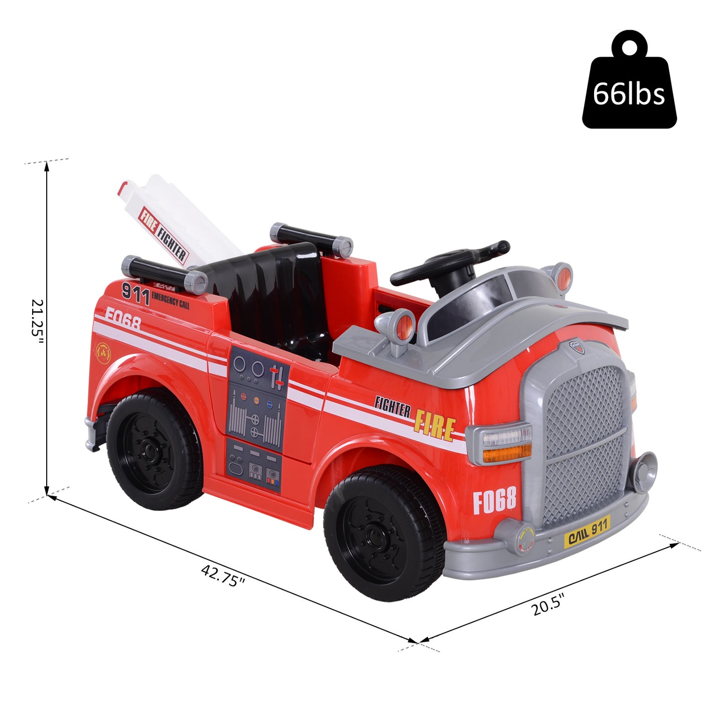 6V Electric Ride-On Fire Truck Vehicle for Kids with Remote Control, Music, Lights, and Ladder