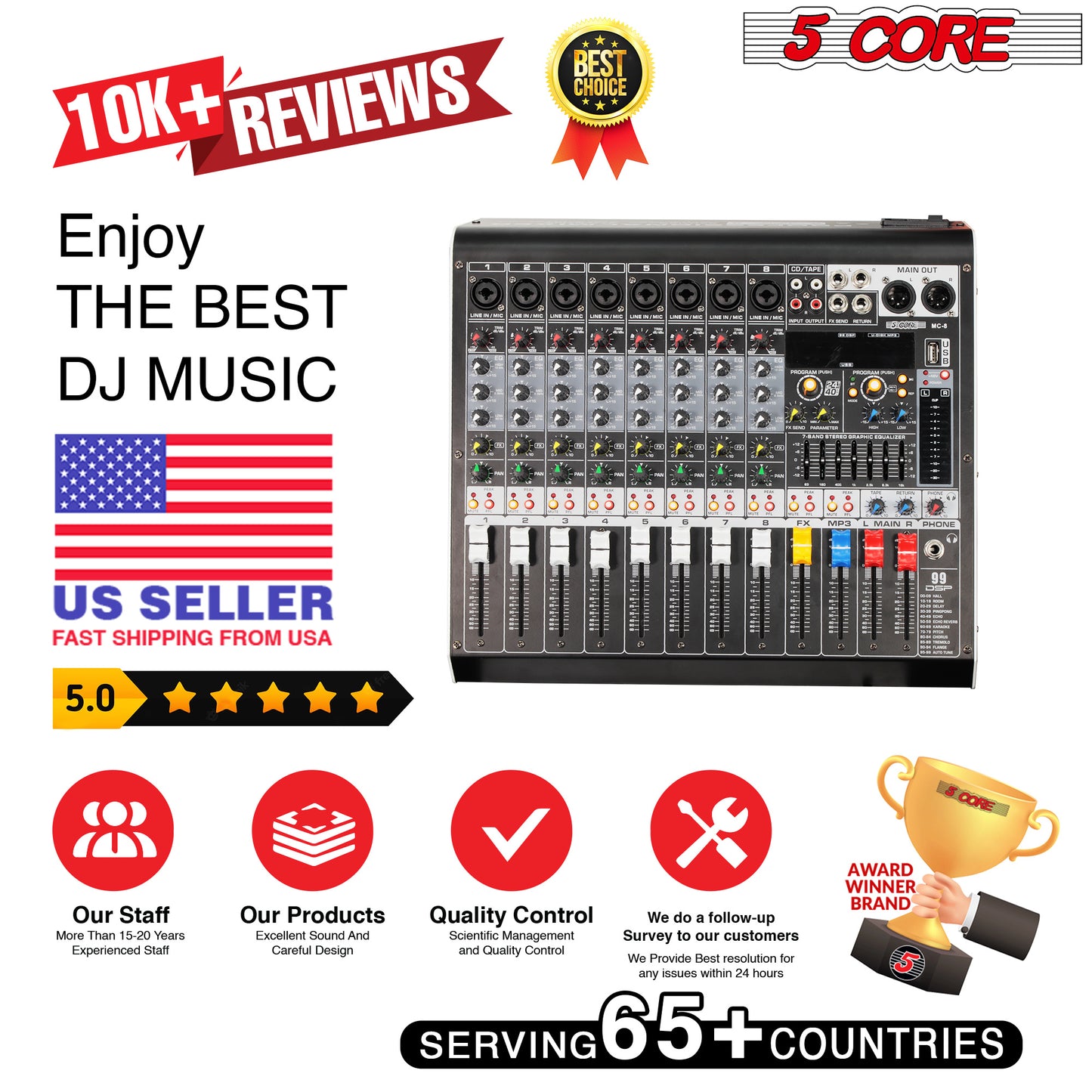 5 Core Audio Mixer 8 Channel DJ Controller Professional Sound Board Bluetooth USB 48V - MX 8 CH L