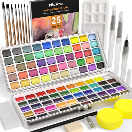 Nicpro 100 Colors Watercolor Paint Set Include Metallic Macaron & Fluorescent, 8 Squirrel Painting Brushes, 25 Water Color Paper, Palette, Art Supplies Kit for Artist, Adult, Kid, Beginner