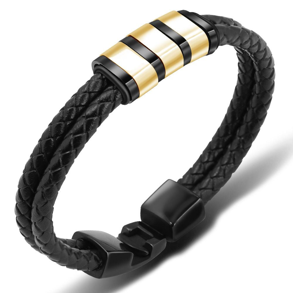 Black Leather Braided Bracelet with Stainless Steel Beads Cnasti Strings and Thangs