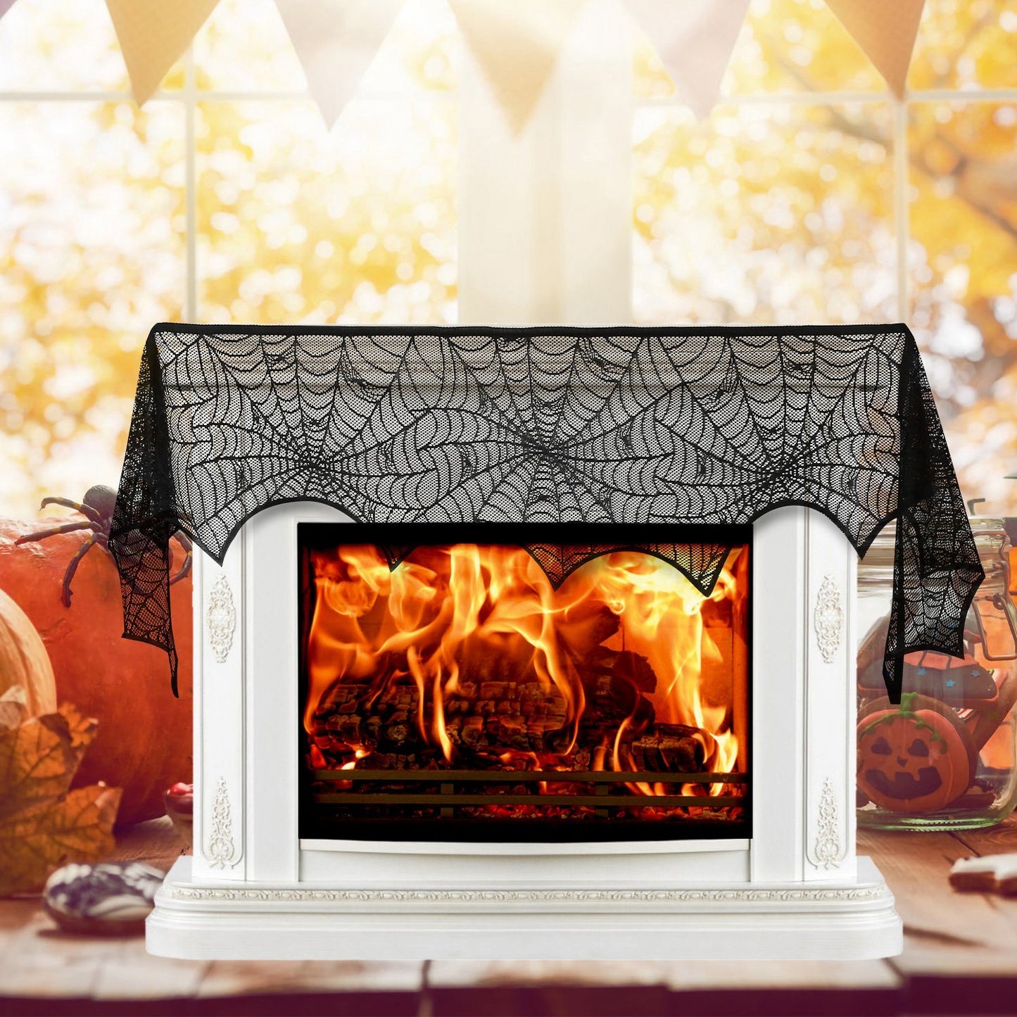 Halloween Decoration Black Lace Spiderweb Fireplace Mantle Scarf Cover